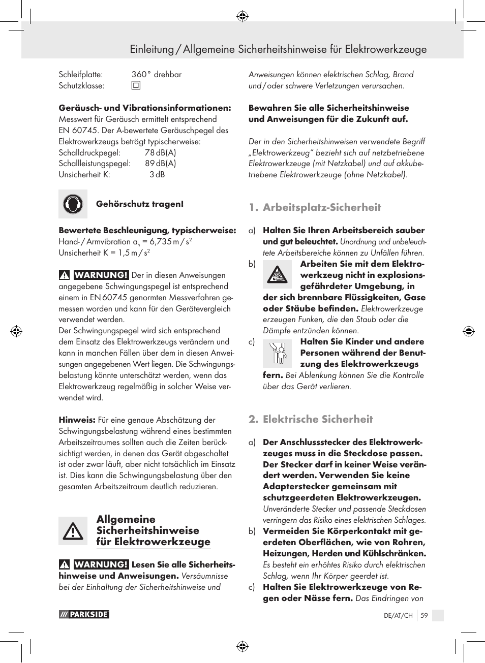 Arbeitsplatz-sicherheit, Elektrische sicherheit | Parkside PDS 290 A1 User Manual | Page 58 / 65