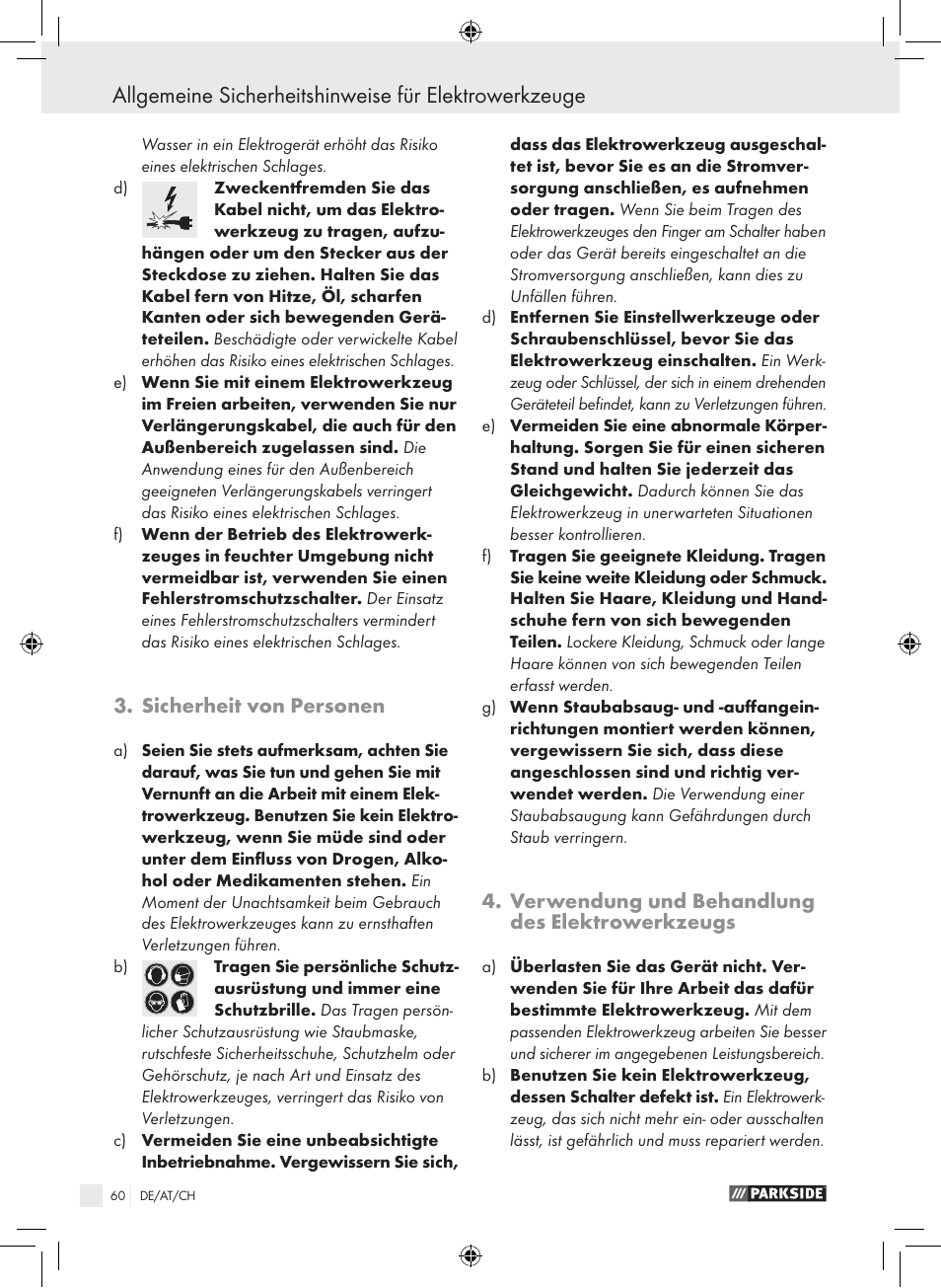Sicherheit von personen, Verwendung und behandlung des elektrowerkzeugs | Parkside PDS 290 A1 User Manual | Page 59 / 65