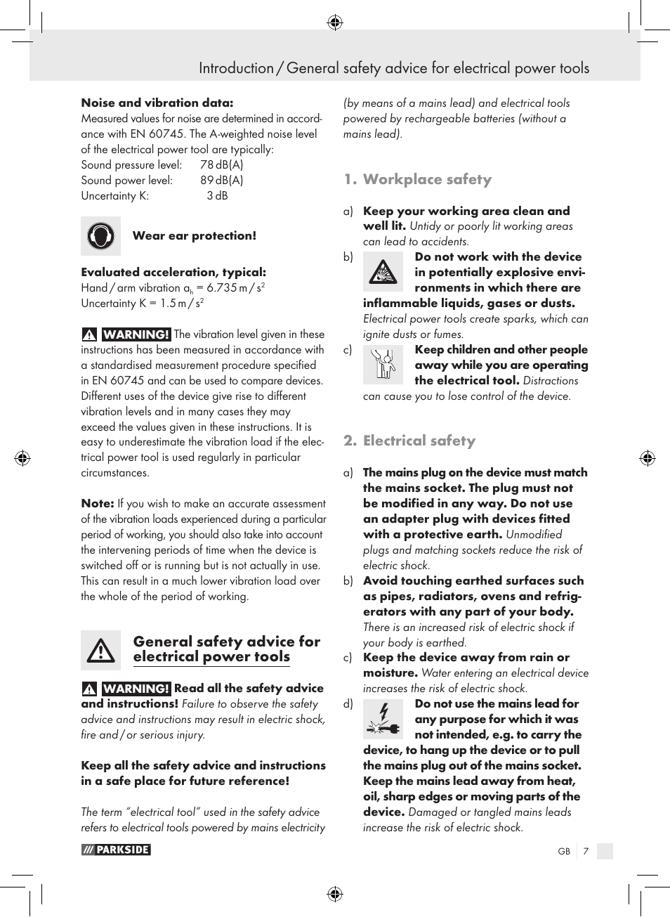 General safety advice for electrical power tools, Workplace safety, Electrical safety | Parkside PDS 290 A1 User Manual | Page 6 / 65