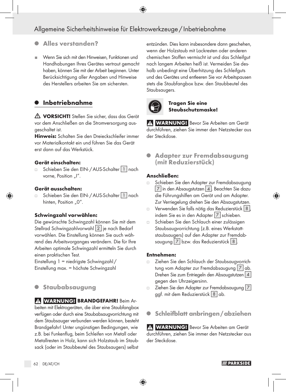 Alles verstanden, Inbetriebnahme, Staubabsaugung | Adapter zur fremdabsaugung (mit reduzierstück), Schleifblatt anbringen / abziehen | Parkside PDS 290 A1 User Manual | Page 61 / 65