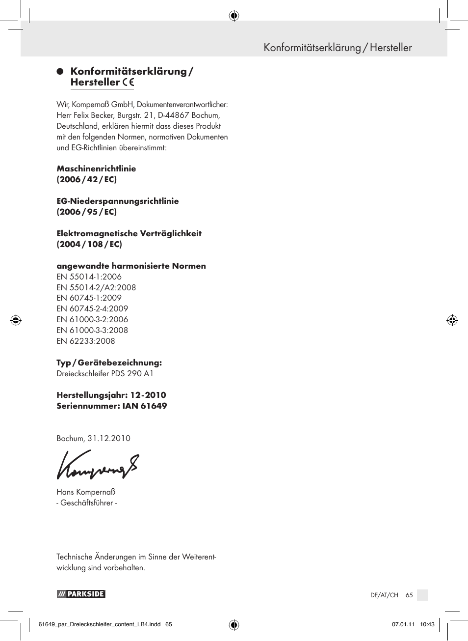 Konformitätserklärung / hersteller | Parkside PDS 290 A1 User Manual | Page 64 / 65