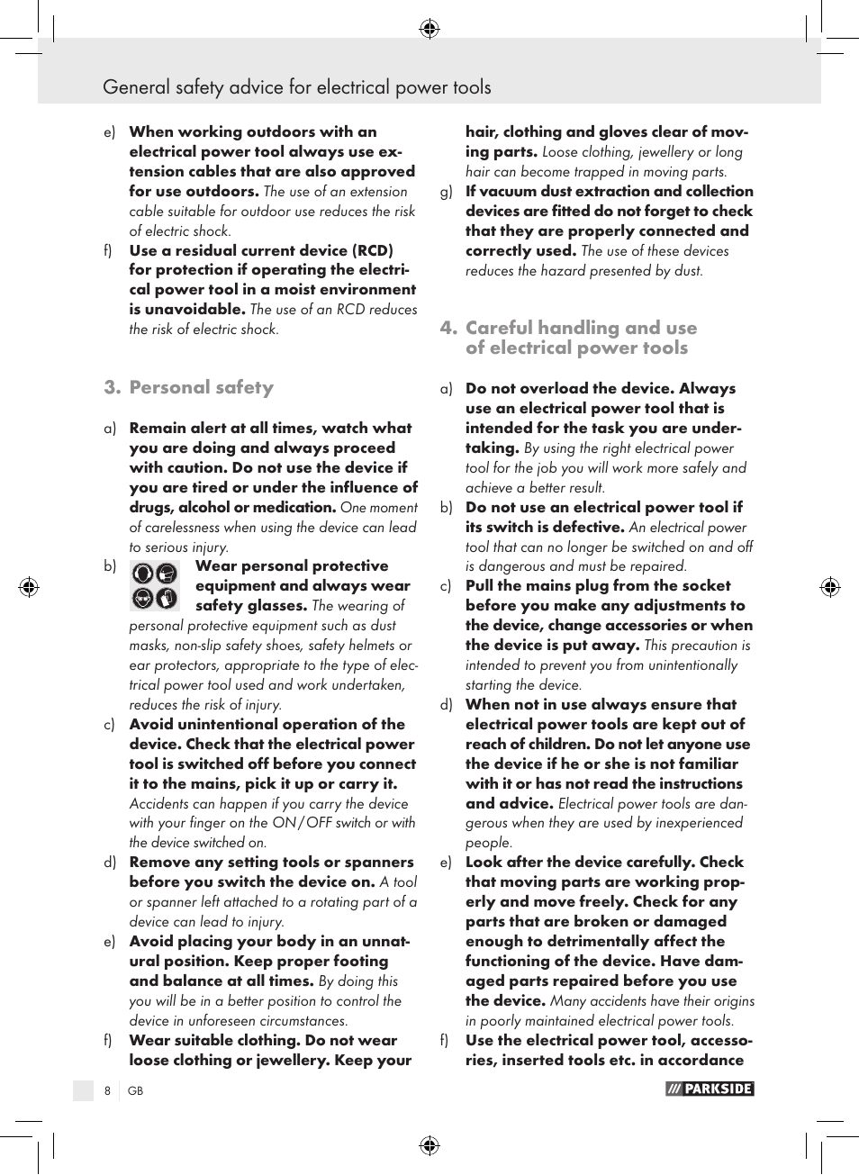 General safety advice for electrical power tools, Personal safety, Careful handling and use of electrical power tools | Parkside PDS 290 A1 User Manual | Page 7 / 65