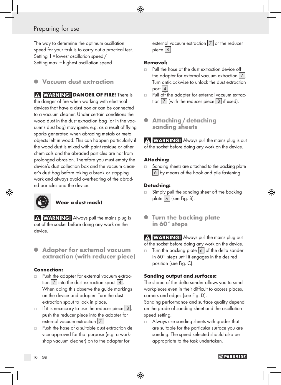 Preparing for use, Vacuum dust extraction, Attaching / detaching sanding sheets | Turn the backing plate in 60° steps | Parkside PDS 290 A1 User Manual | Page 9 / 65