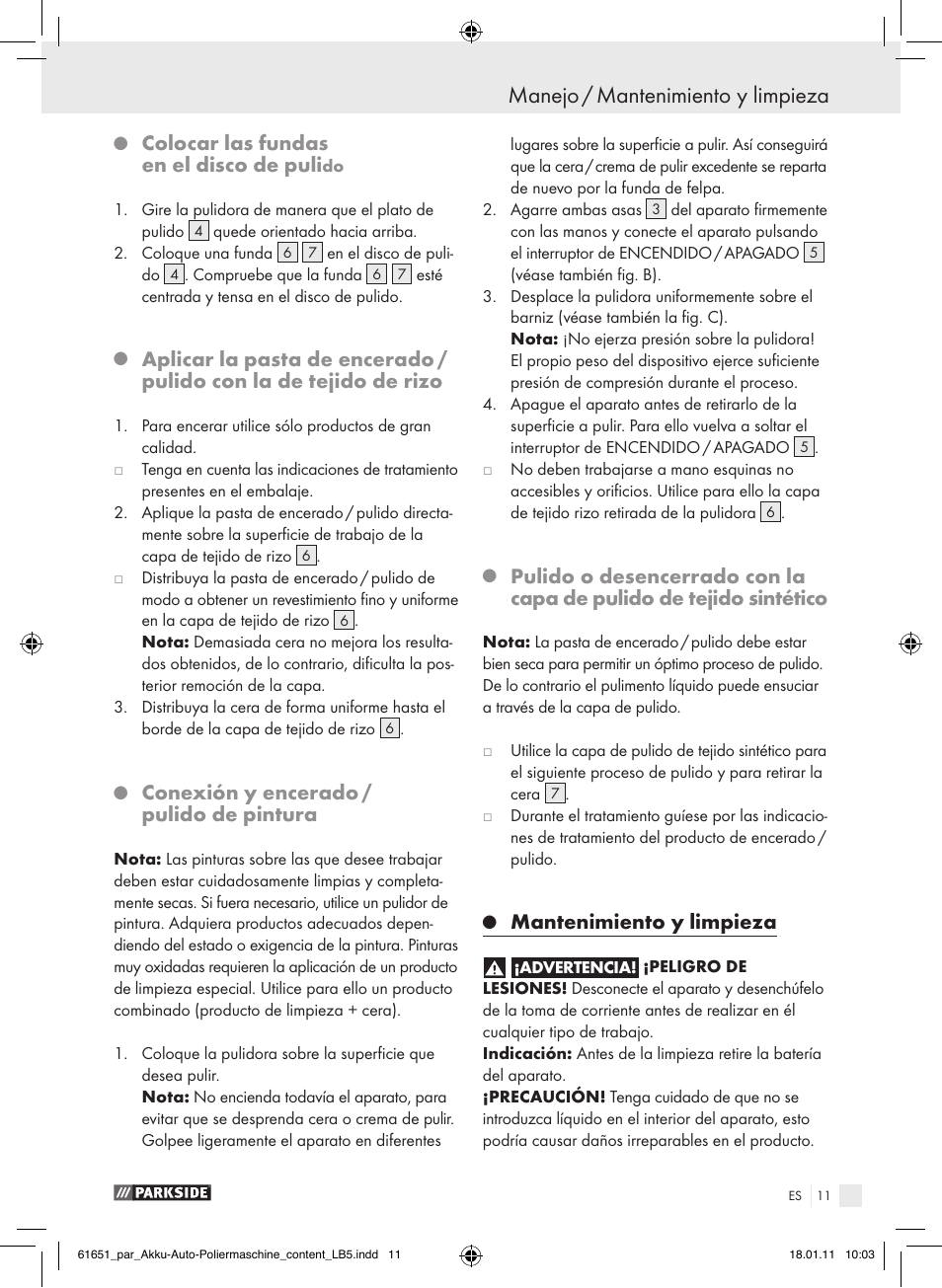 Manejo / mantenimiento y limpieza, Colocar las fundas en el disco de puli, Conexión y encerado / pulido de pintura | Mantenimiento y limpieza | Parkside PAWP 18 A1 User Manual | Page 10 / 53