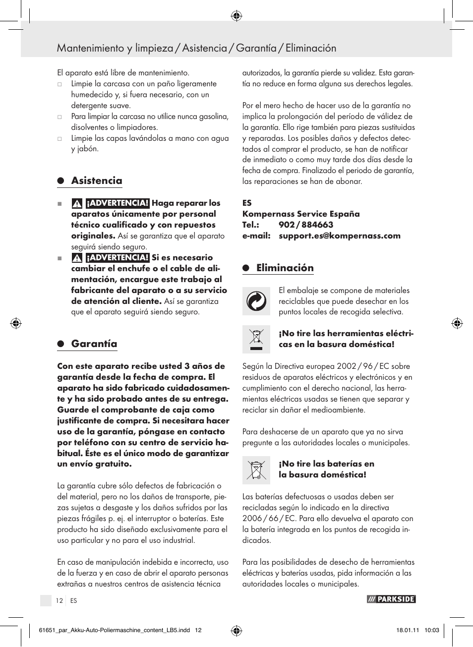 Asistencia, Garantía, Eliminación | Parkside PAWP 18 A1 User Manual | Page 11 / 53