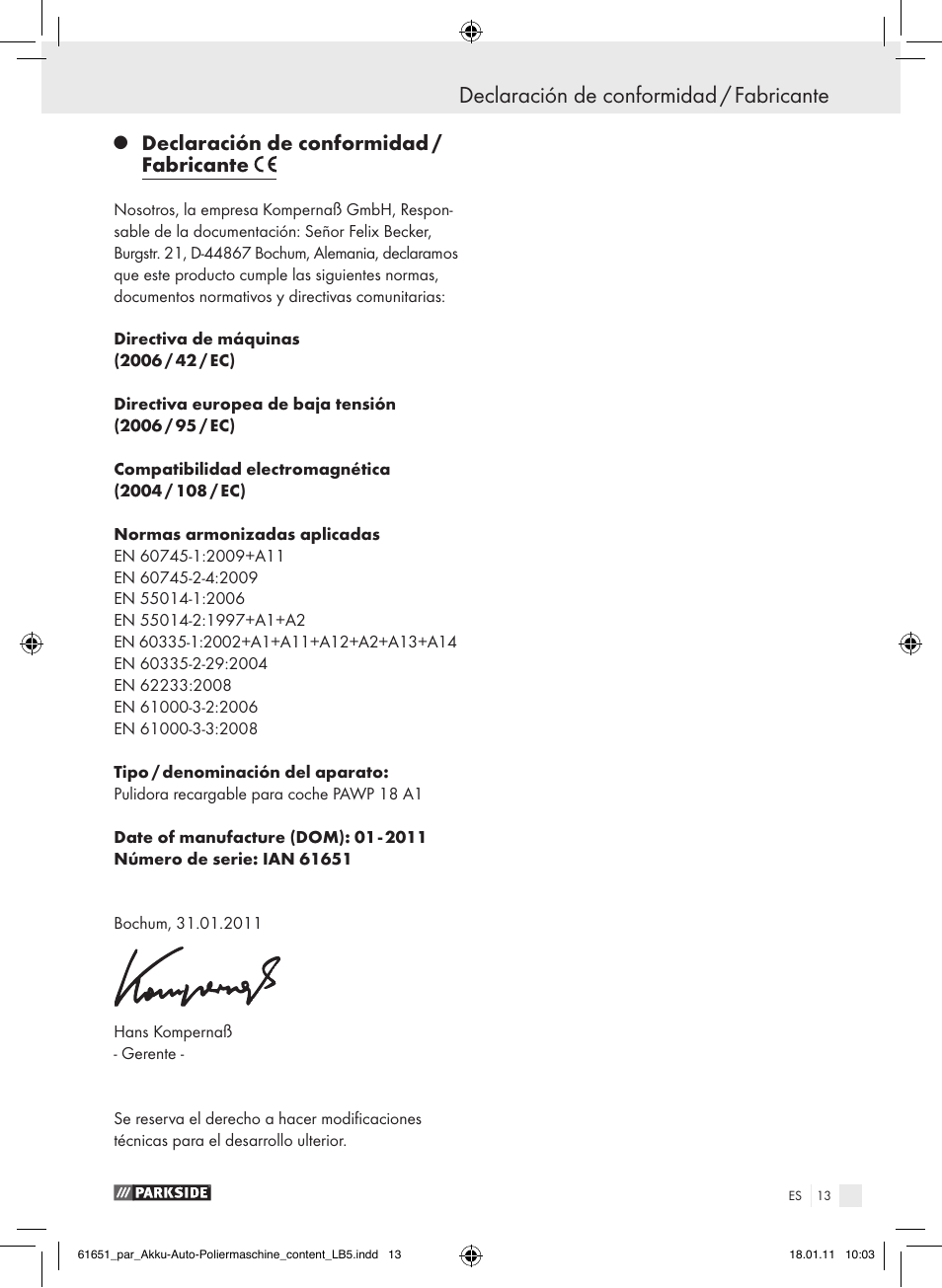 Declaración de conformidad / fabricante | Parkside PAWP 18 A1 User Manual | Page 12 / 53