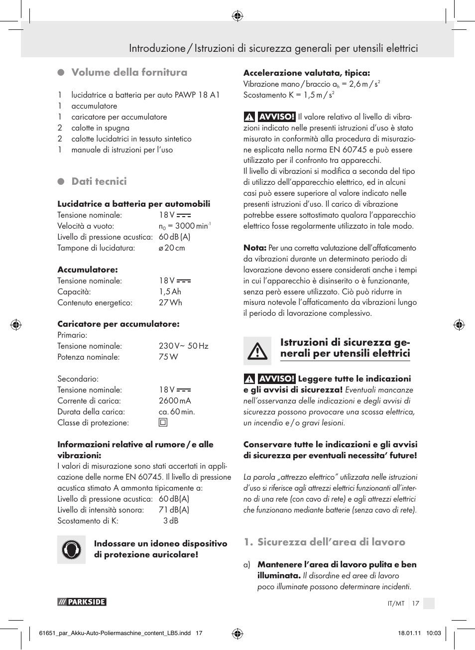 Volume della fornitura, Dati tecnici, Sicurezza dell’area di lavoro | Parkside PAWP 18 A1 User Manual | Page 16 / 53