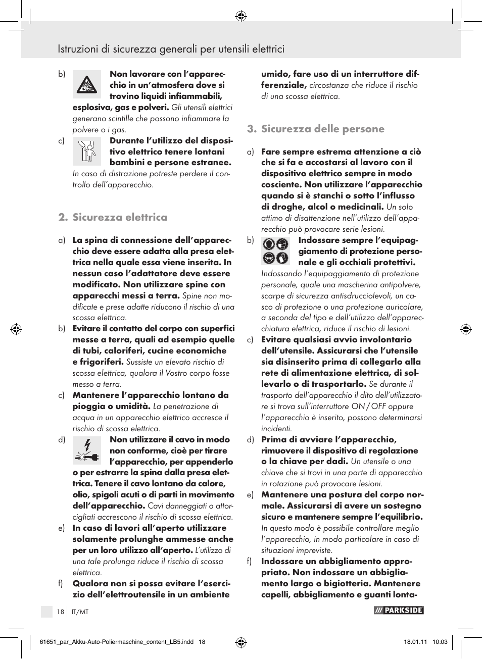 Sicurezza elettrica, Sicurezza delle persone | Parkside PAWP 18 A1 User Manual | Page 17 / 53
