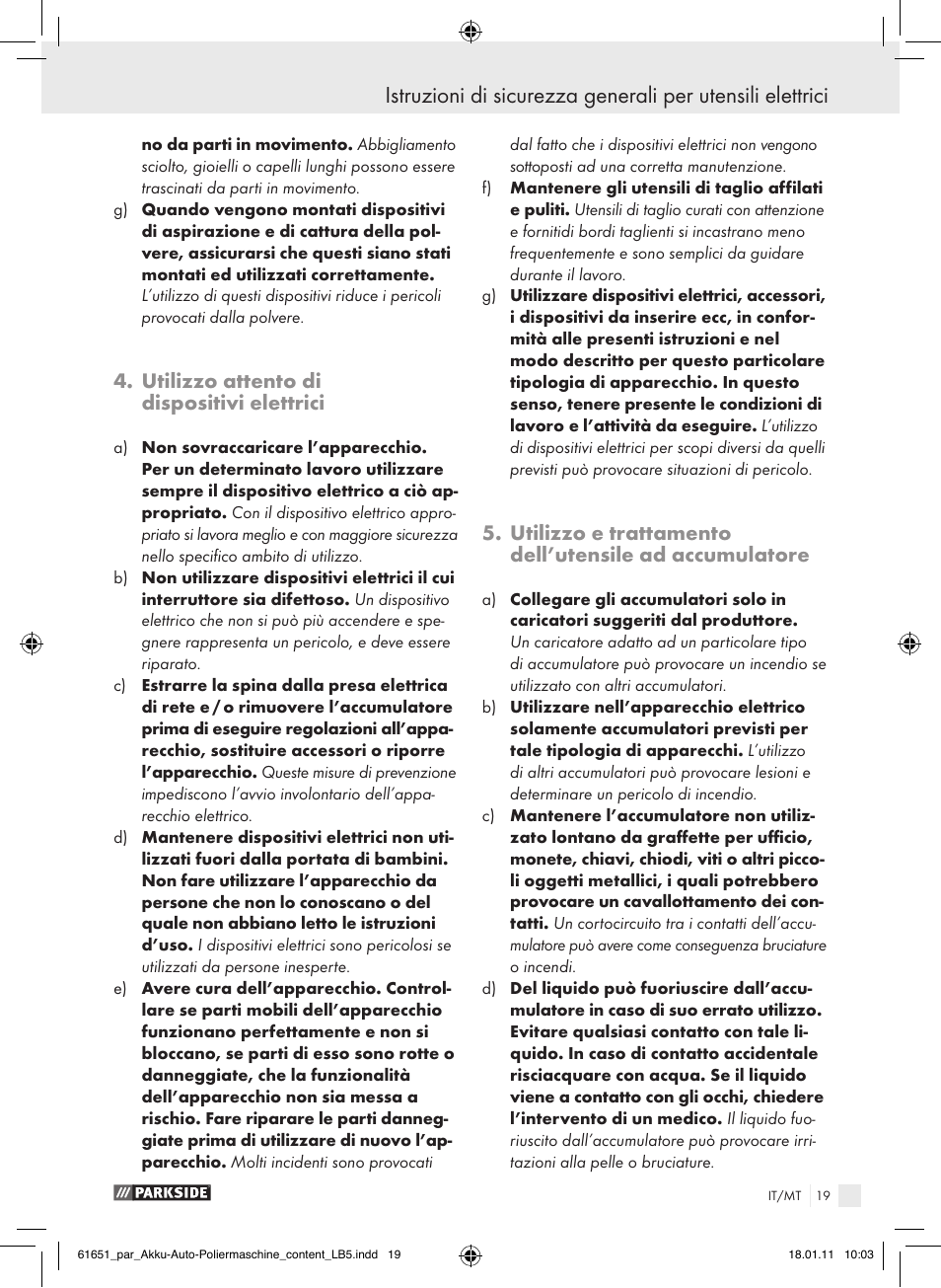 Utilizzo attento di dispositivi elettrici | Parkside PAWP 18 A1 User Manual | Page 18 / 53
