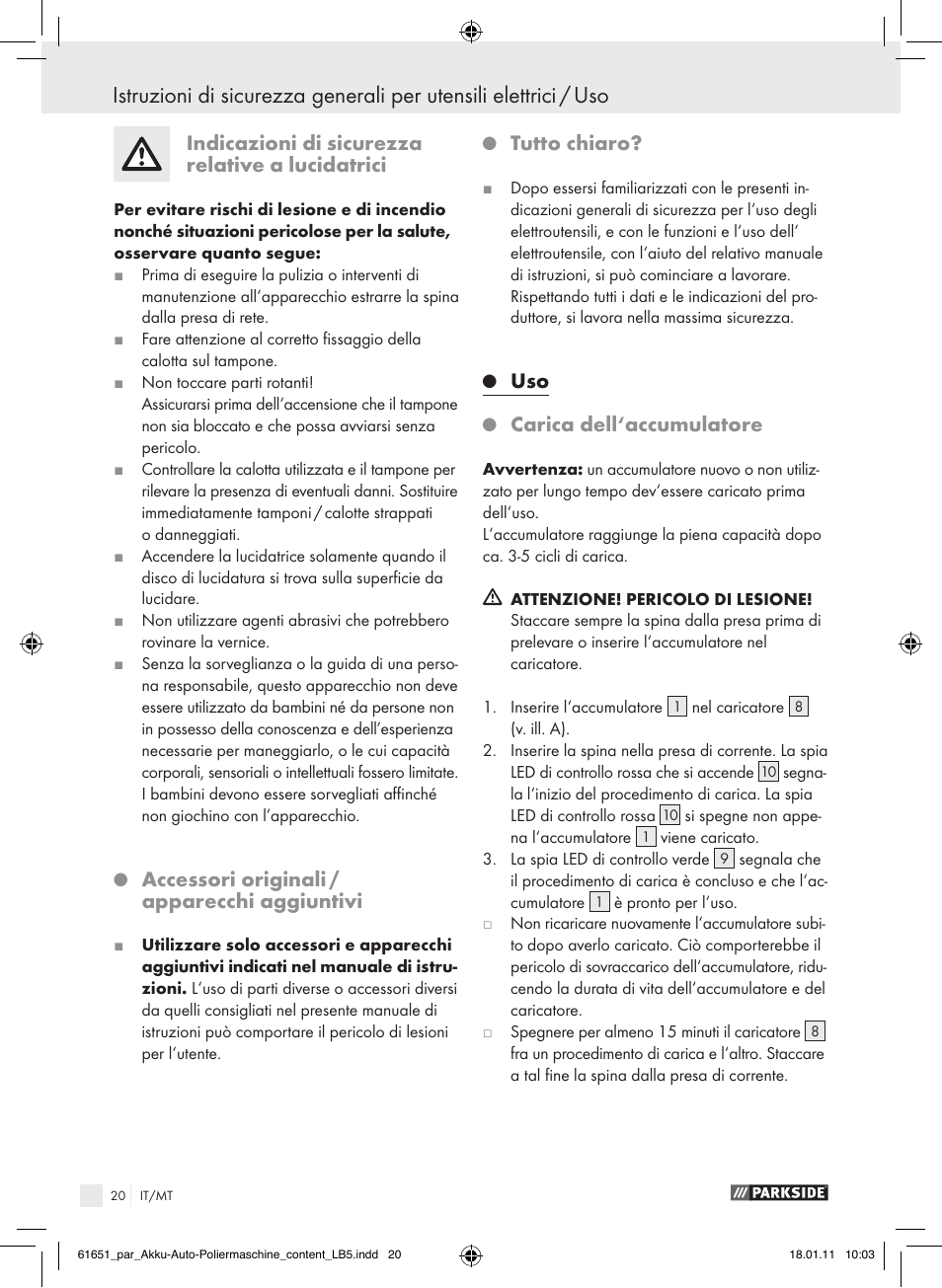 Indicazioni di sicurezza relative a lucidatrici, Accessori originali / apparecchi aggiuntivi, Tutto chiaro | Carica dell‘accumulatore | Parkside PAWP 18 A1 User Manual | Page 19 / 53