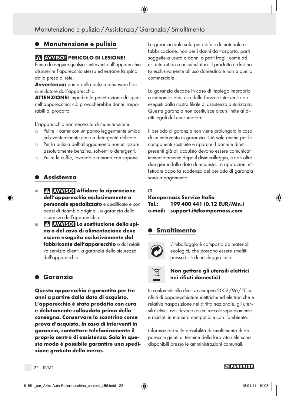 Manutenzione e pulizia, Assistenza, Garanzia | Smaltimento | Parkside PAWP 18 A1 User Manual | Page 21 / 53