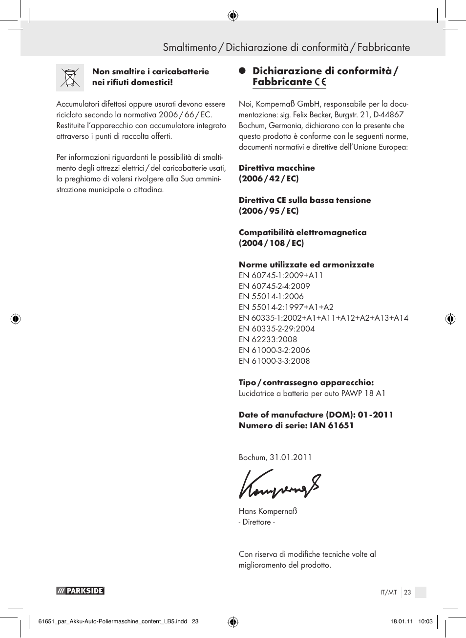 Dichiarazione di conformità / fabbricante | Parkside PAWP 18 A1 User Manual | Page 22 / 53