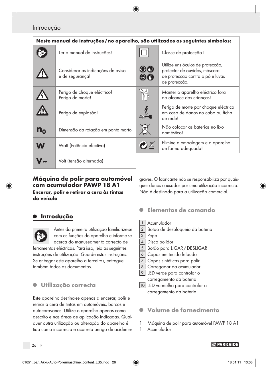 Introdução, Utilização correcta, Elementos de comando | Volume de fornecimento | Parkside PAWP 18 A1 User Manual | Page 25 / 53