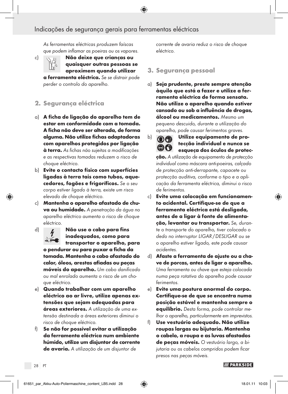 Segurança eléctrica, Segurança pessoal | Parkside PAWP 18 A1 User Manual | Page 27 / 53