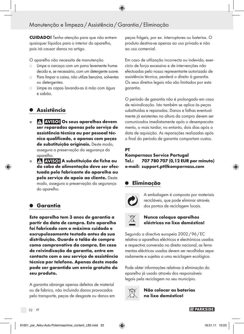 Assistência, Garantia, Eliminação | Parkside PAWP 18 A1 User Manual | Page 31 / 53