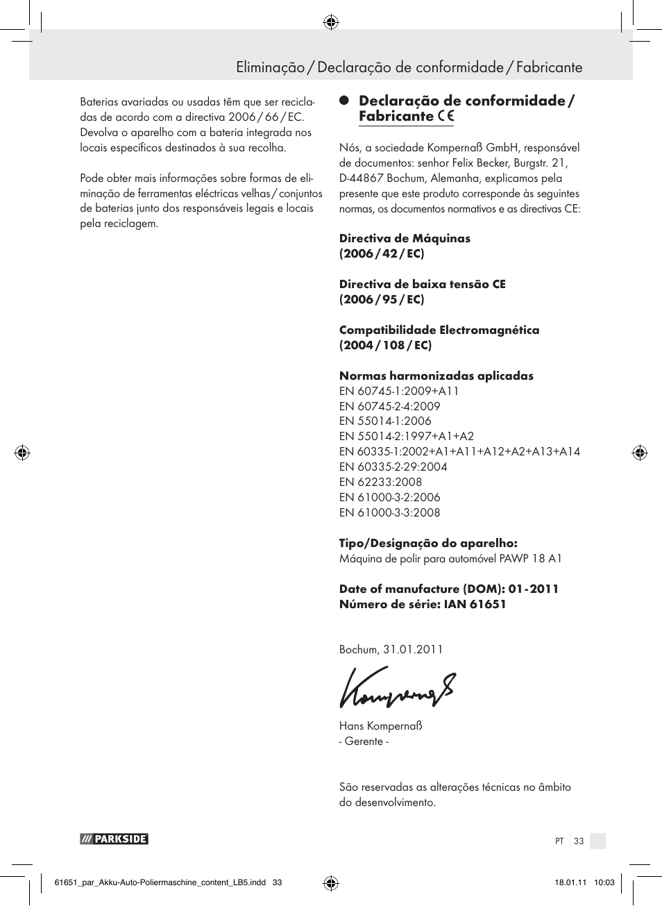 Declaração de conformidade / fabricante | Parkside PAWP 18 A1 User Manual | Page 32 / 53