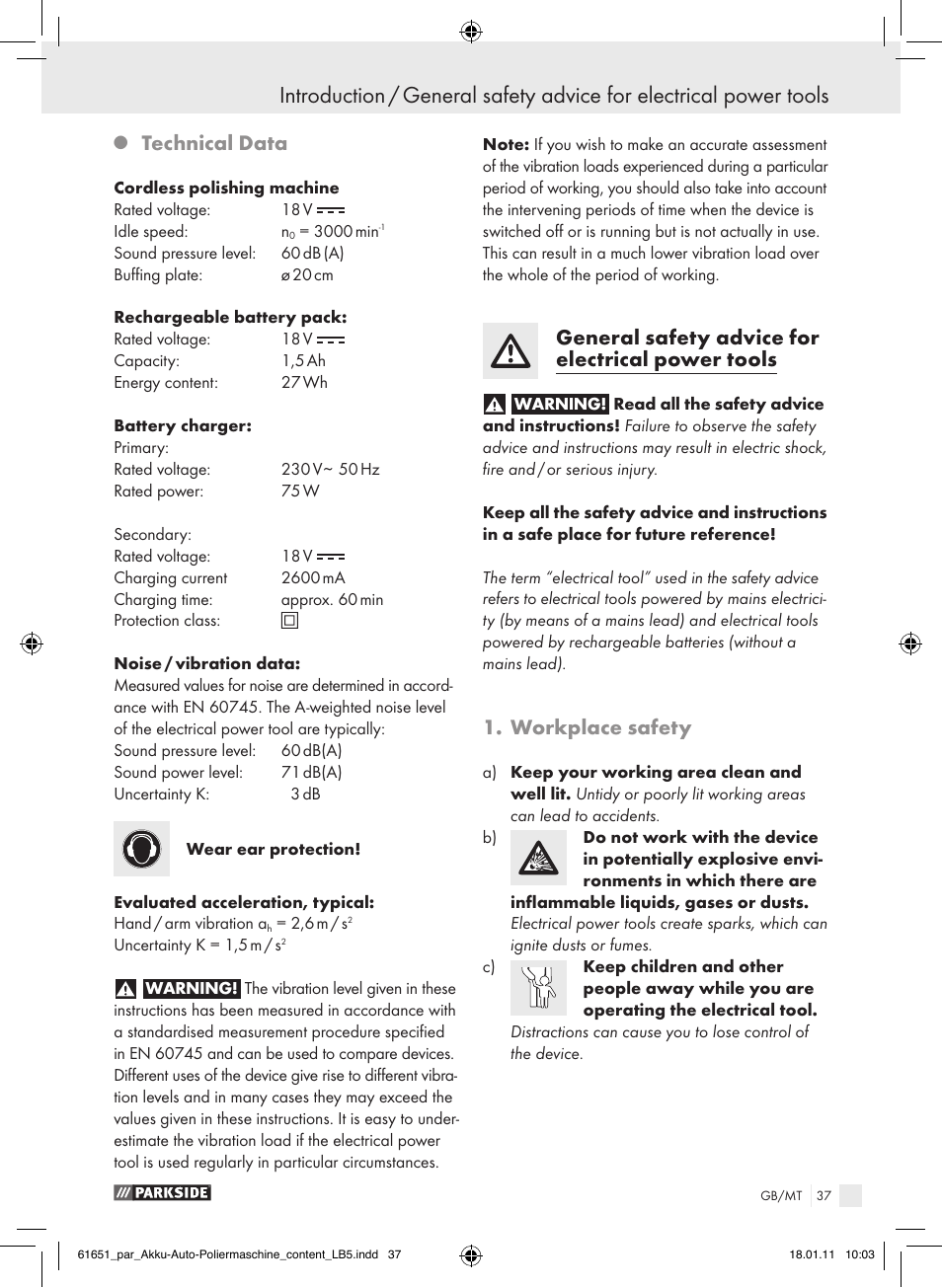 Technical data, General safety advice for electrical power tools, Workplace safety | Parkside PAWP 18 A1 User Manual | Page 36 / 53