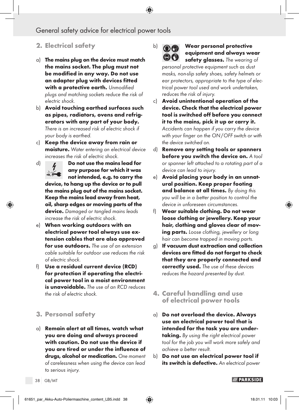 General safety advice for electrical power tools, Electrical safety, Personal safety | Careful handling and use of electrical power tools | Parkside PAWP 18 A1 User Manual | Page 37 / 53