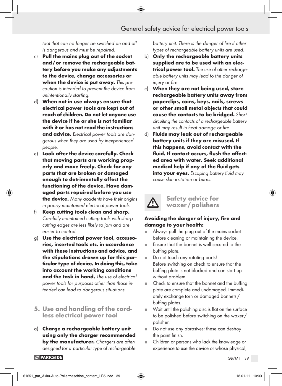 General safety advice for electrical power tools, Safety advice for waxer / polishers | Parkside PAWP 18 A1 User Manual | Page 38 / 53