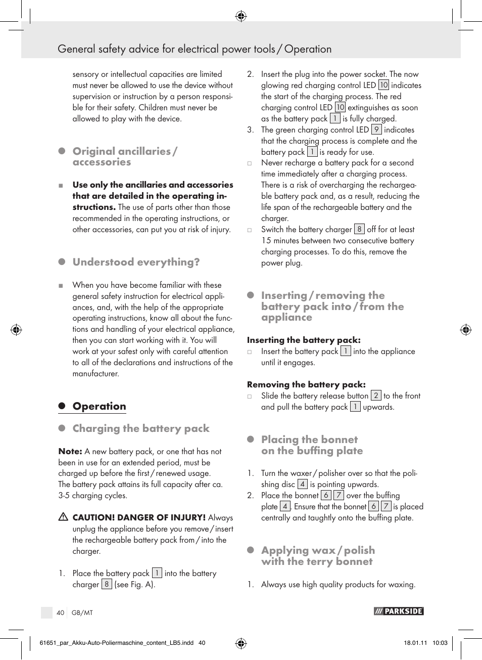 Original ancillaries / accessories, Understood everything, Operation | Charging the battery pack, Placing the bonnet on the buffing plate, Applying wax / polish with the terry bonnet | Parkside PAWP 18 A1 User Manual | Page 39 / 53