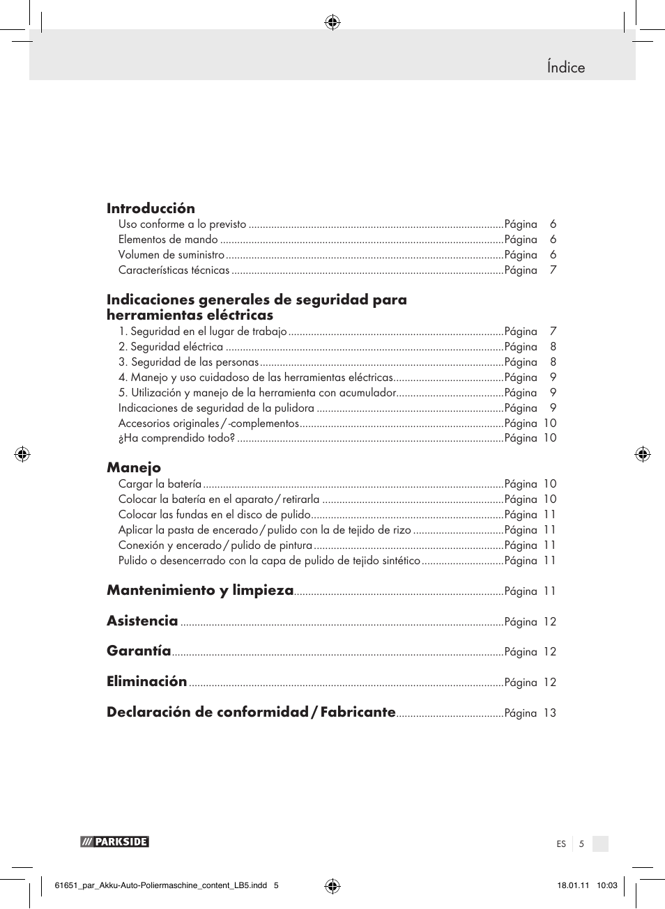 Índice, Introducción, Manejo | Mantenimiento y limpieza, Asistencia, Garantía, Eliminación, Declaración de conformidad / fabricante | Parkside PAWP 18 A1 User Manual | Page 4 / 53