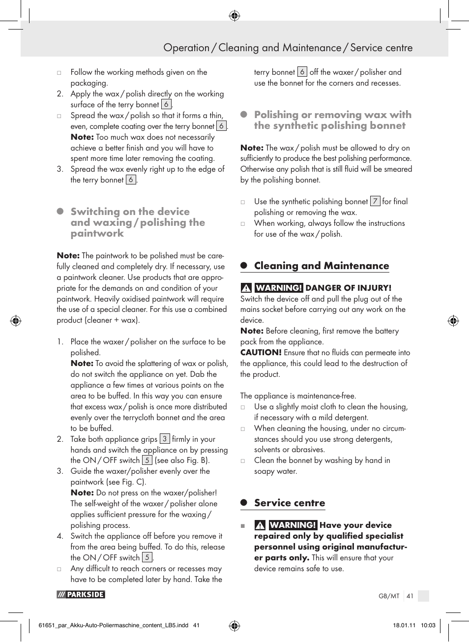 Cleaning and maintenance, Service centre | Parkside PAWP 18 A1 User Manual | Page 40 / 53