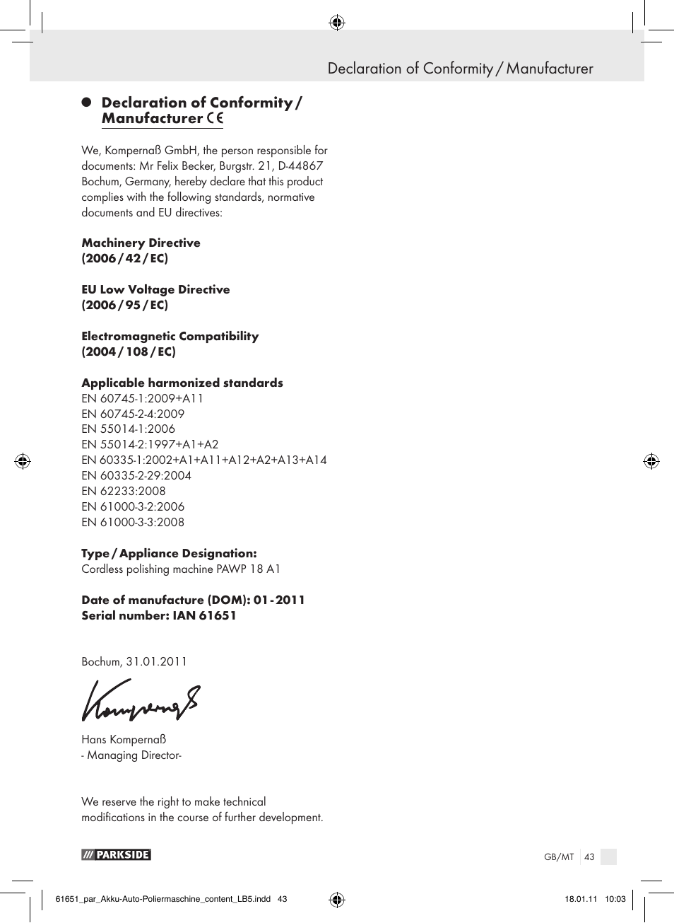 Declaration of conformity / manufacturer | Parkside PAWP 18 A1 User Manual | Page 42 / 53