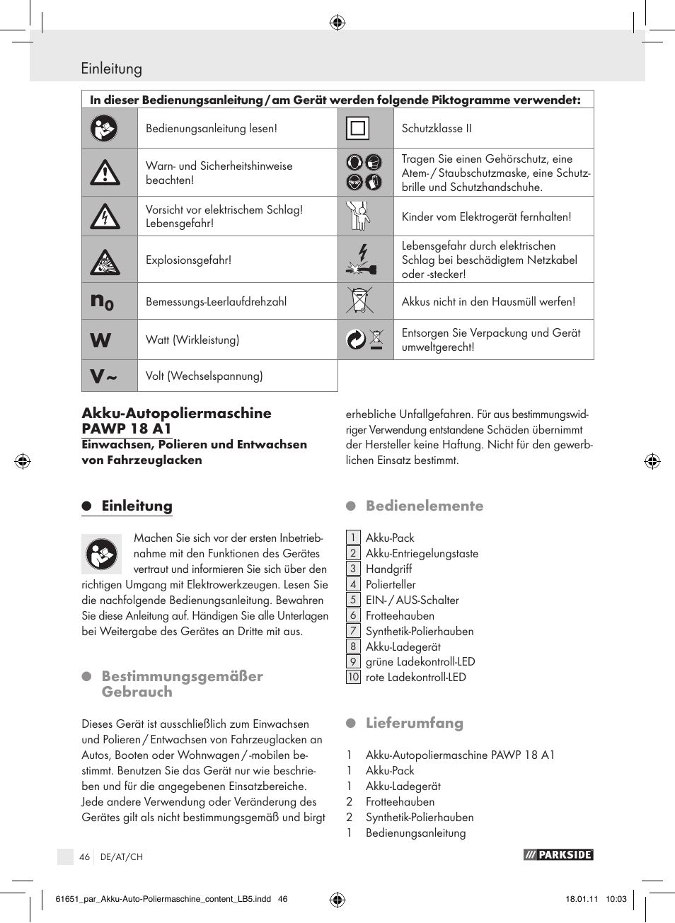 Einleitung, Akku­autopoliermaschine pawp 18 a1, Bestimmungsgemäßer gebrauch | Bedienelemente, Lieferumfang | Parkside PAWP 18 A1 User Manual | Page 45 / 53