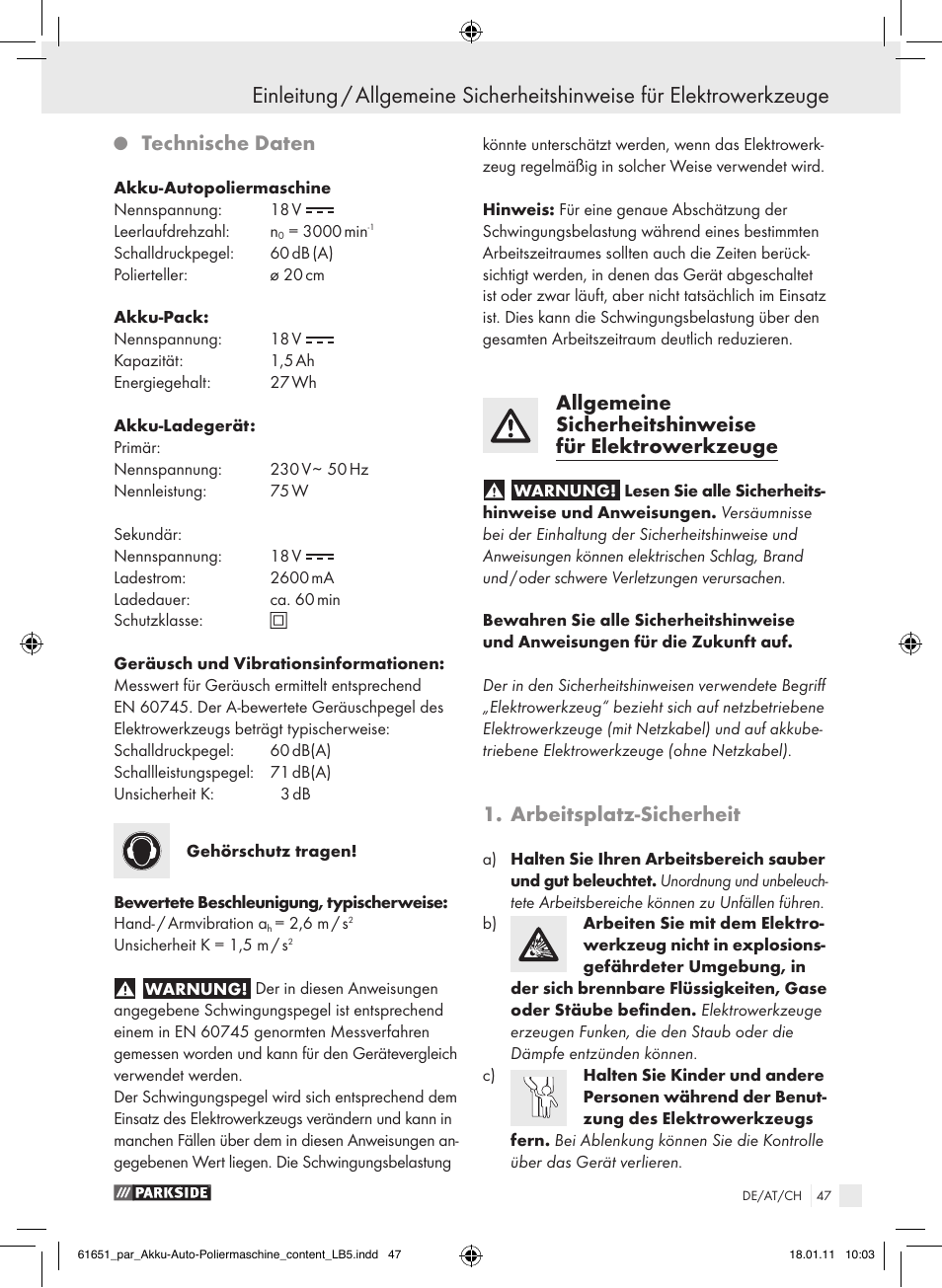 Technische daten, Arbeitsplatz­sicherheit | Parkside PAWP 18 A1 User Manual | Page 46 / 53