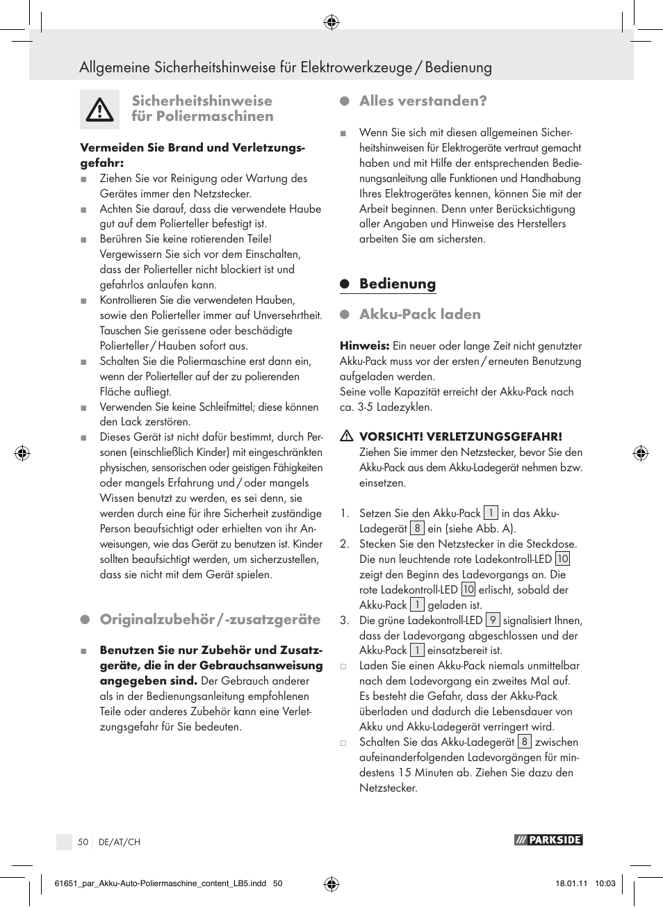 Sicherheitshinweise für poliermaschinen, Originalzubehör / ­zusatzgeräte, Alles verstanden | Bedienung, Akku­pack laden | Parkside PAWP 18 A1 User Manual | Page 49 / 53