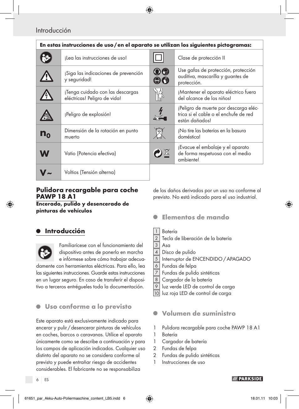 Pulidora recargable para coche pawp 18 a1, Introducción, Uso conforme a lo previsto | Elementos de mando, Volumen de suministro | Parkside PAWP 18 A1 User Manual | Page 5 / 53