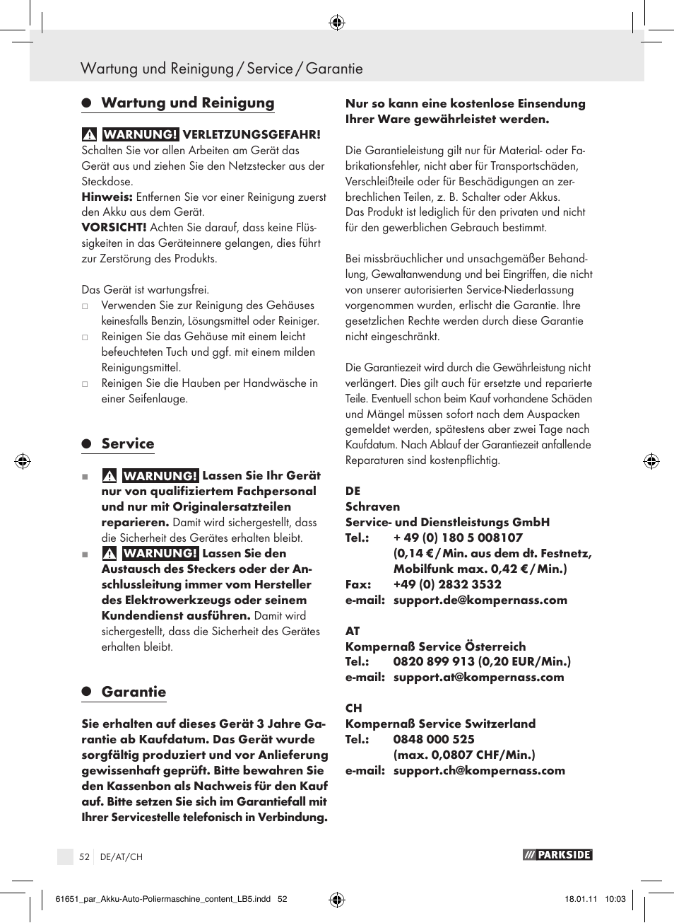 Wartung und reinigung / service / garantie, Wartung und reinigung, Service | Garantie | Parkside PAWP 18 A1 User Manual | Page 51 / 53