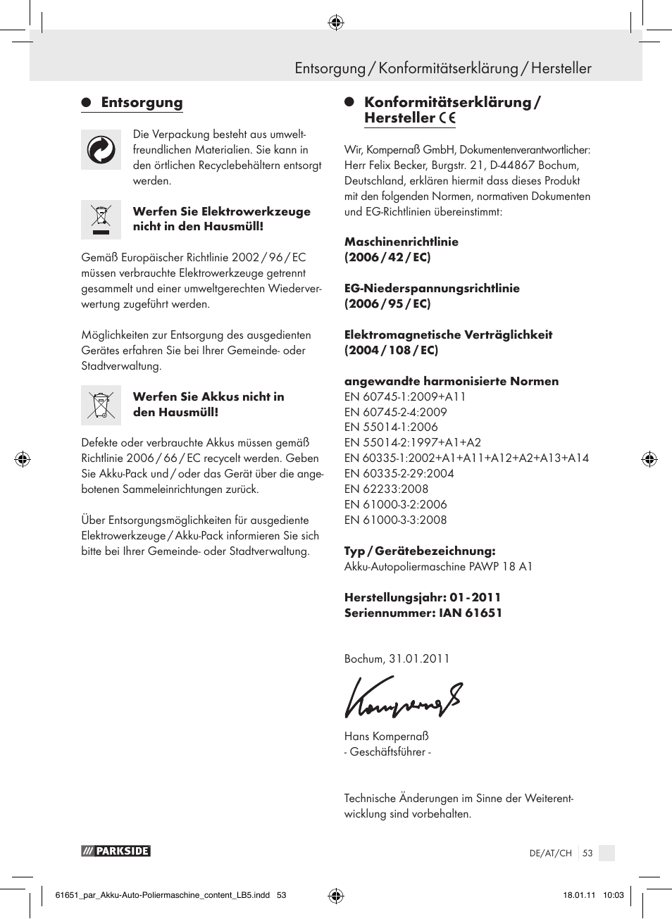 Entsorgung / konformitätserklärung / hersteller, Entsorgung, Konformitätserklärung / hersteller | Parkside PAWP 18 A1 User Manual | Page 52 / 53