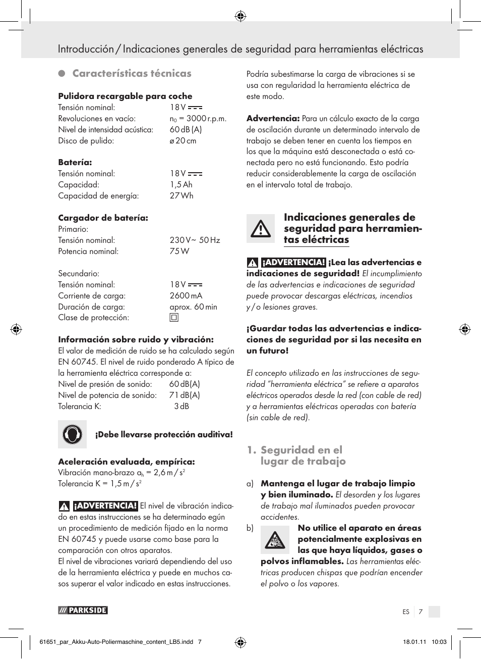 Características técnicas, Seguridad en el lugar de trabajo | Parkside PAWP 18 A1 User Manual | Page 6 / 53