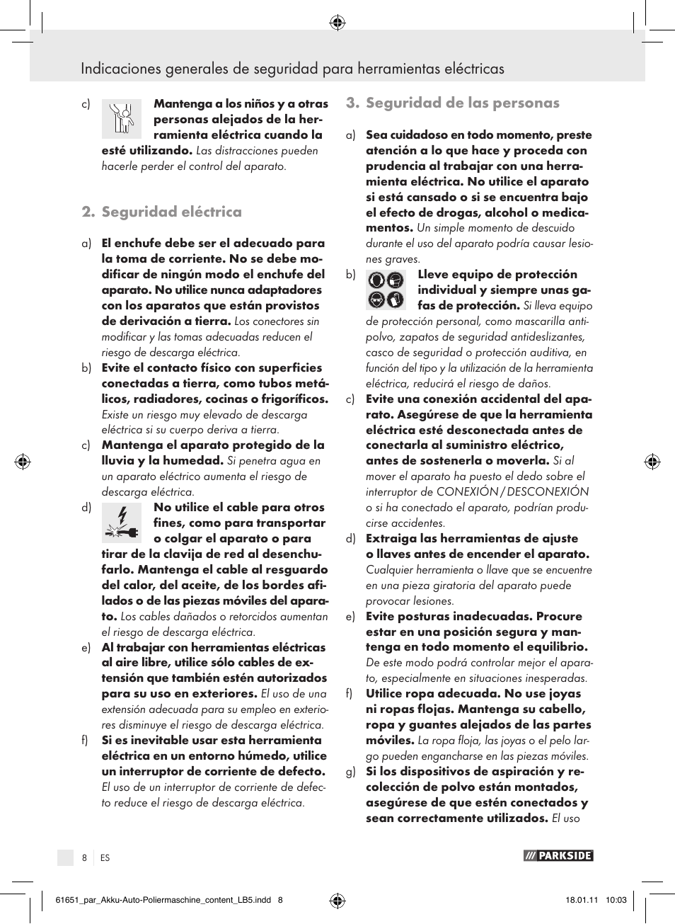 Seguridad eléctrica, Seguridad de las personas | Parkside PAWP 18 A1 User Manual | Page 7 / 53