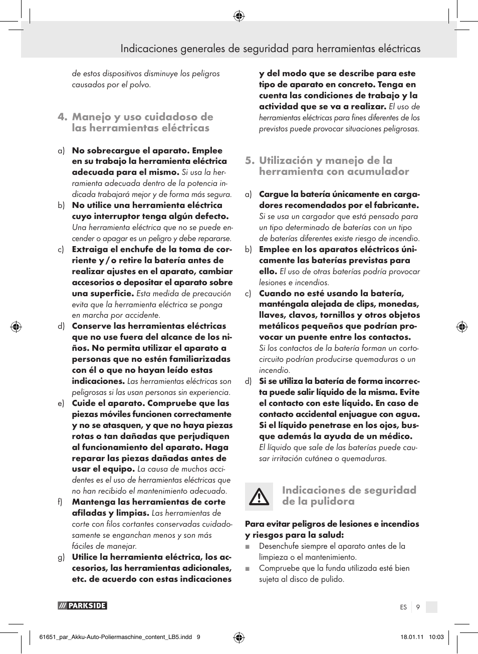 Indicaciones de seguridad de la pulidora | Parkside PAWP 18 A1 User Manual | Page 8 / 53