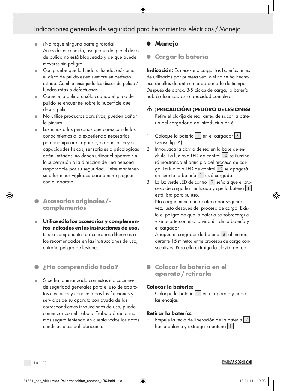 Accesorios originales / ­ complementos, Ha comprendido todo, Manejo | Cargar la batería, Colocar la batería en el aparato / retirarla | Parkside PAWP 18 A1 User Manual | Page 9 / 53