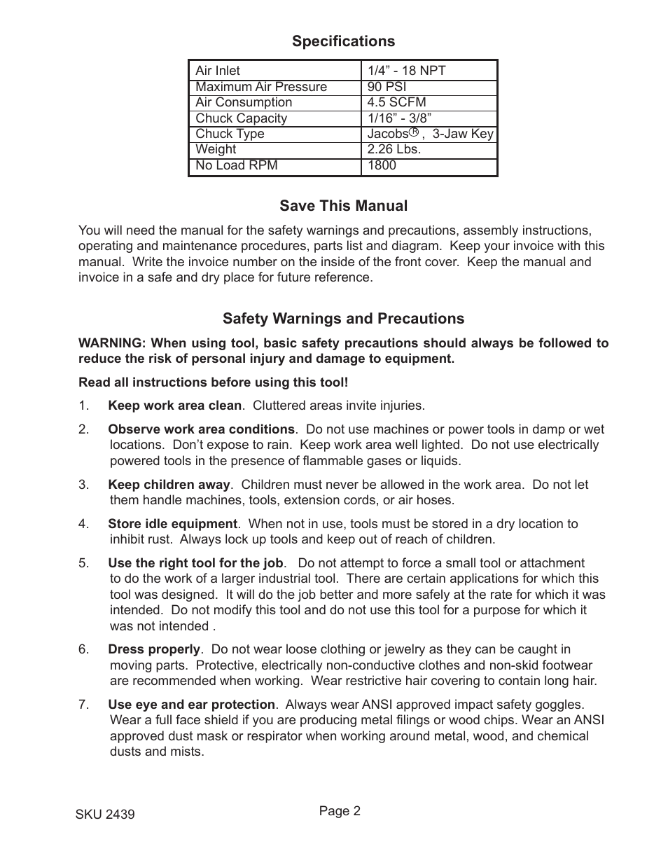 Harbor Freight Tools Model 2439 User Manual | Page 2 / 8