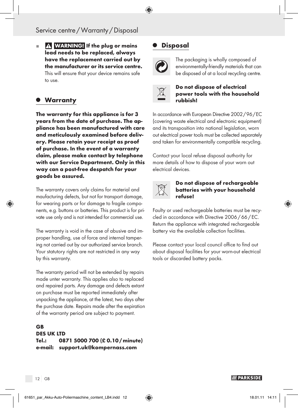 Service centre / warranty / disposal, Warranty, Disposal | Parkside PAWP 18 A1 User Manual | Page 11 / 73