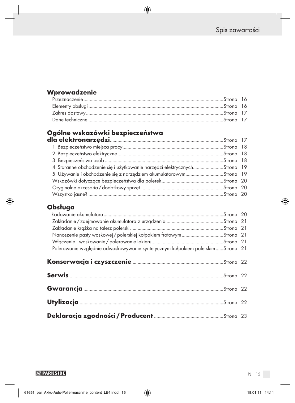 Spis zawartości, Wprowadzenie, Obsługa | Konserwacja i czyszczenie, Serwis, Gwarancja, Utylizacja, Deklaracja zgodności / producent | Parkside PAWP 18 A1 User Manual | Page 14 / 73