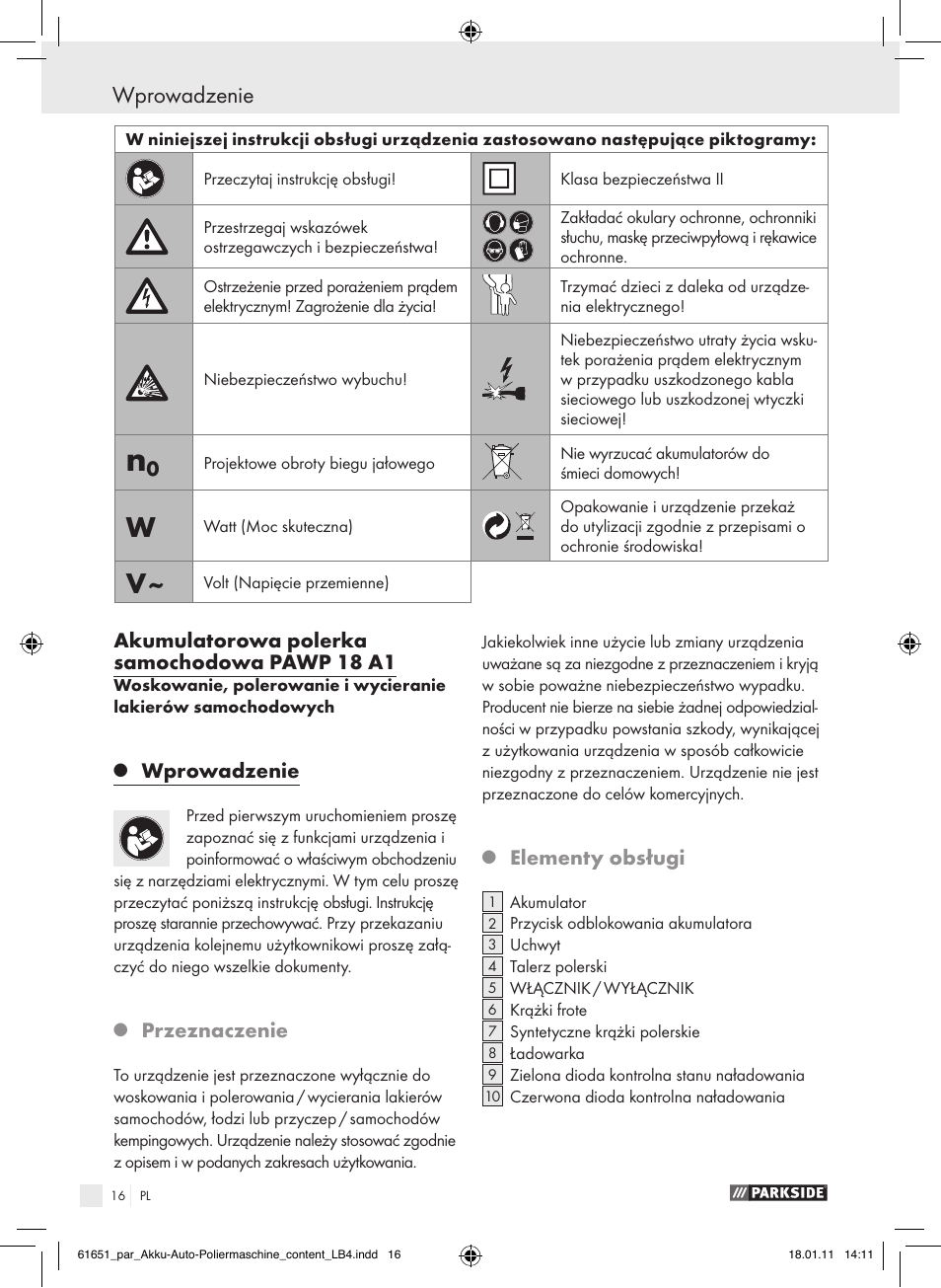 Wprowadzenie, Akumulatorowa polerka samochodowa pawp 18 a1, Przeznaczenie | Elementy obsługi | Parkside PAWP 18 A1 User Manual | Page 15 / 73