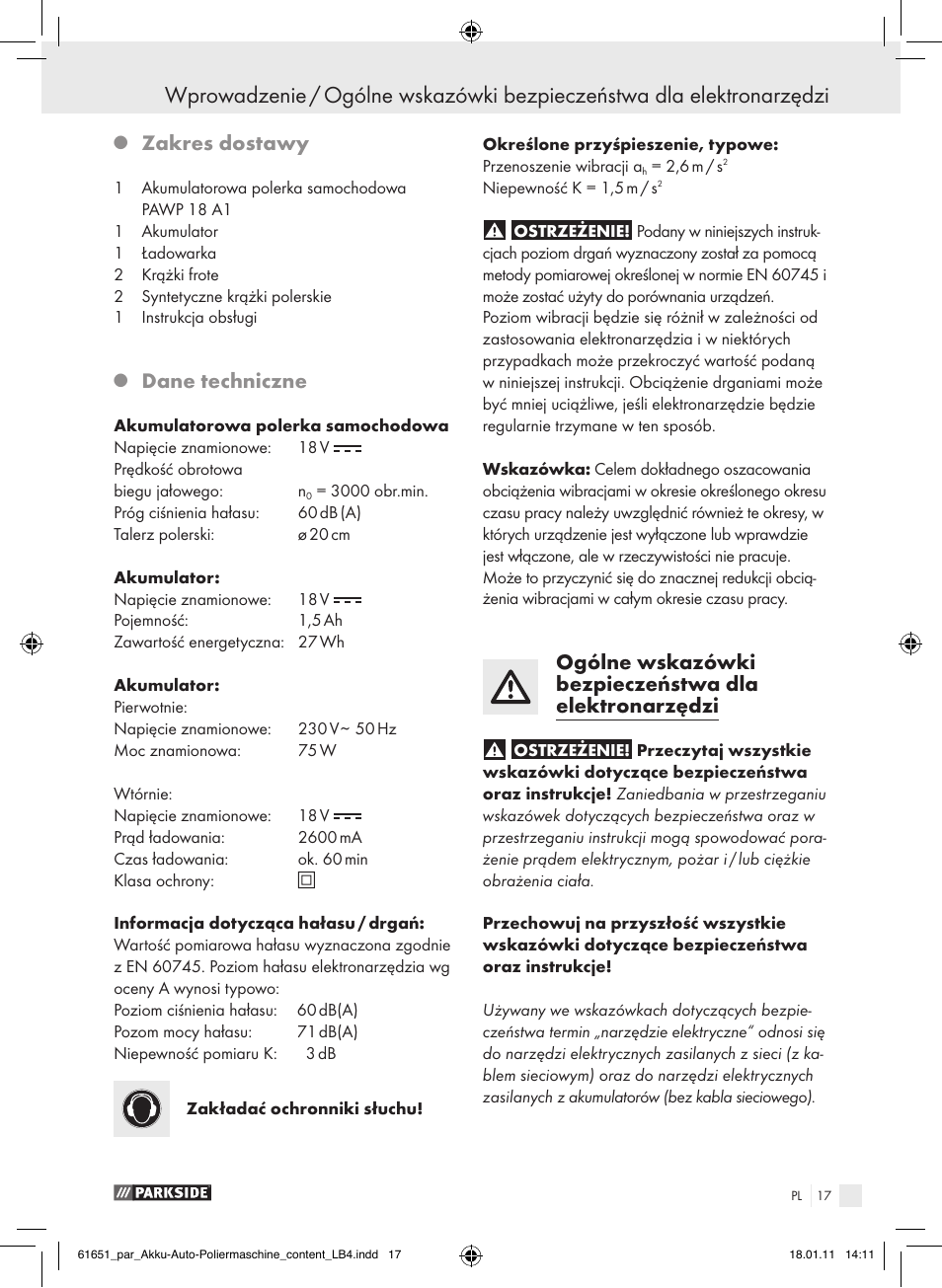 Zakres dostawy, Dane techniczne | Parkside PAWP 18 A1 User Manual | Page 16 / 73