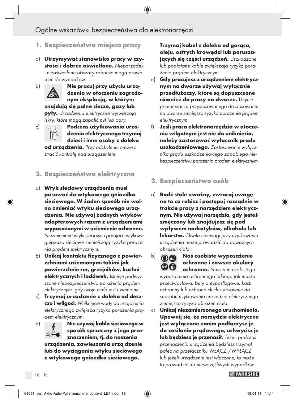 Bezpieczeństwo miejsca pracy, Bezpieczeństwo elektryczne, Bezpieczeństwo osób | Parkside PAWP 18 A1 User Manual | Page 17 / 73