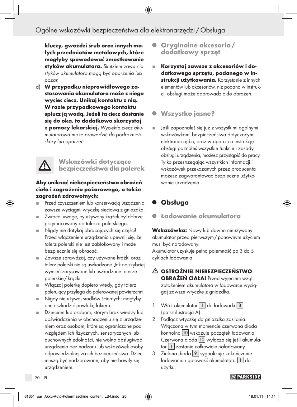 Wskazówki dotyczące bezpieczeństwa dla polerek, Oryginalne akcesoria / dodatkowy sprzęt, Wszystko jasne | Obsługa, Ładowanie akumulatora | Parkside PAWP 18 A1 User Manual | Page 19 / 73