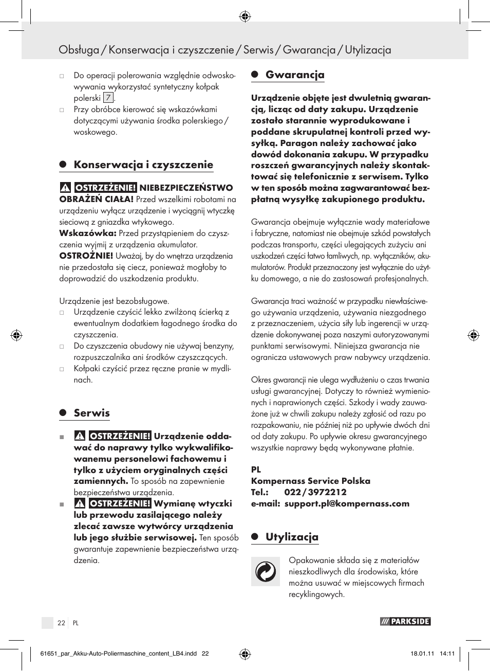 Konserwacja i czyszczenie, Serwis, Gwarancja | Utylizacja | Parkside PAWP 18 A1 User Manual | Page 21 / 73