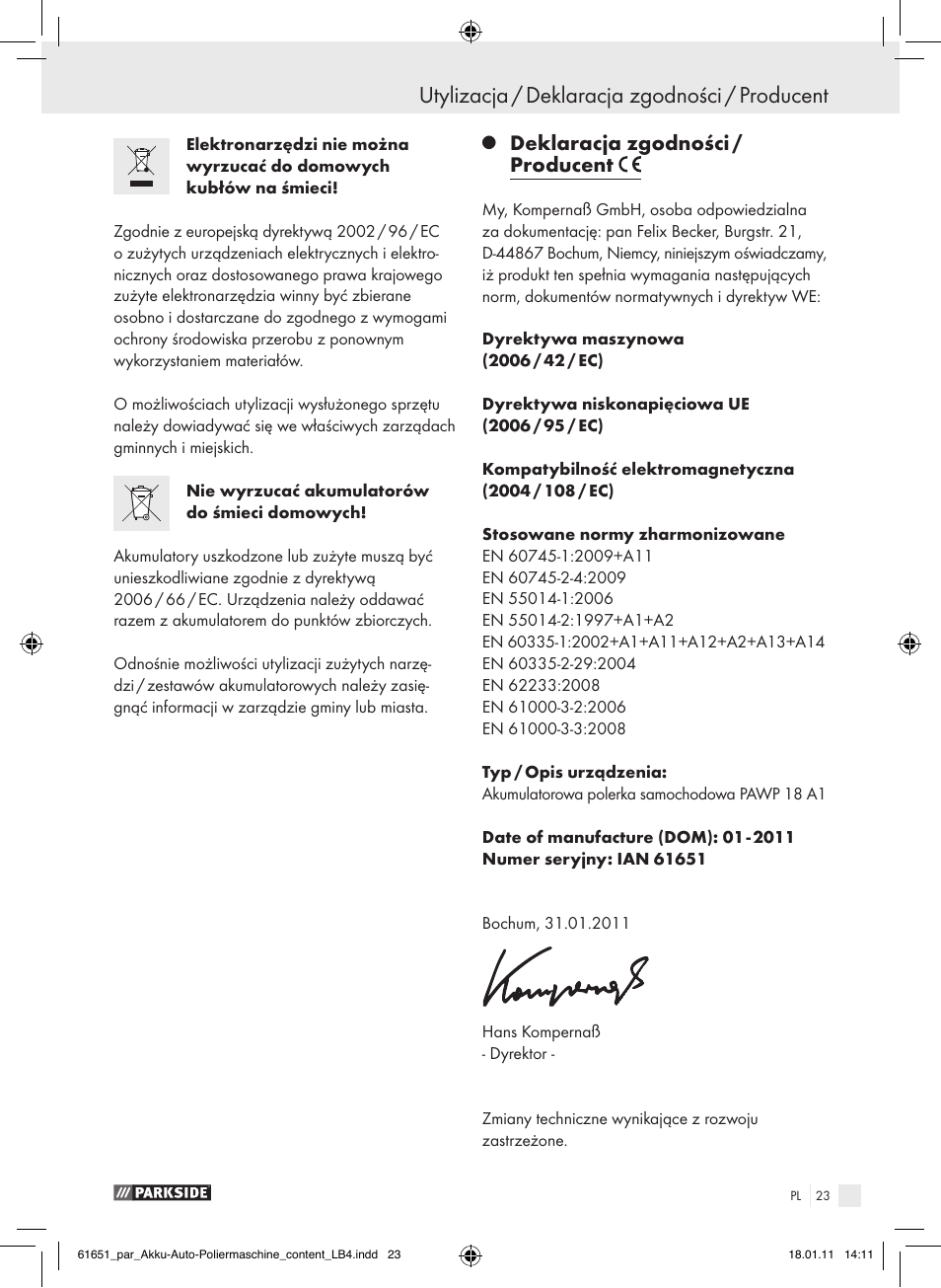 Utylizacja / deklaracja zgodności / producent, Deklaracja zgodności / producent | Parkside PAWP 18 A1 User Manual | Page 22 / 73