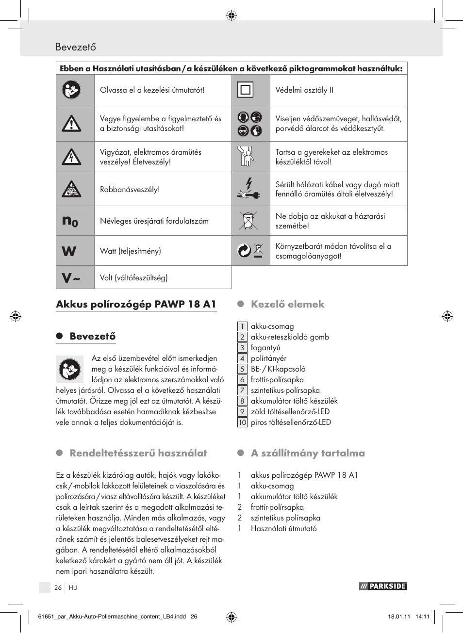 Bevezető, Akkus polírozógép pawp 18 a1, Rendeltetésszerű használat | Kezelő elemek, A szállítmány tartalma | Parkside PAWP 18 A1 User Manual | Page 25 / 73