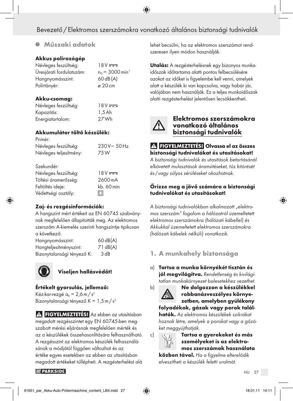 Műszaki adatok, A munkahely biztonsága | Parkside PAWP 18 A1 User Manual | Page 26 / 73