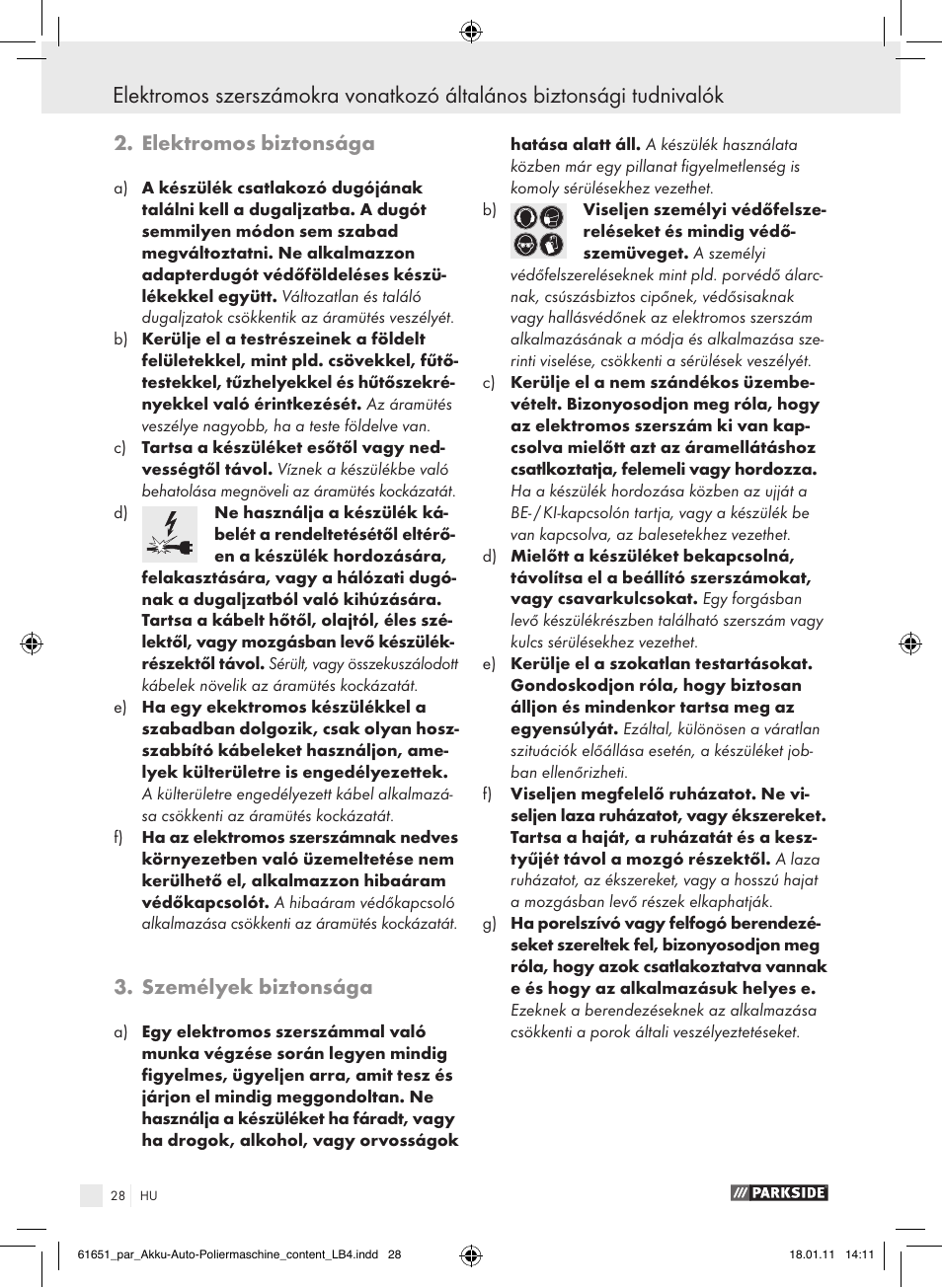 Elektromos biztonsága, Személyek biztonsága | Parkside PAWP 18 A1 User Manual | Page 27 / 73