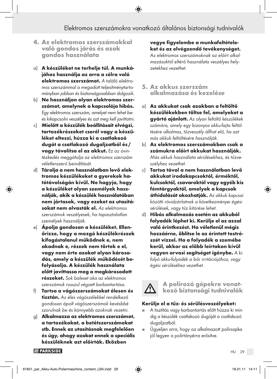 Az akkus szerszám alkalmazása és kezelése | Parkside PAWP 18 A1 User Manual | Page 28 / 73